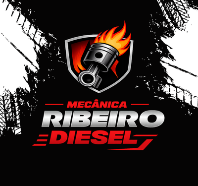 Logo da Mecânica Ribeiro Diesel com pistão em chamas dentro de escudo, fundo com textura de pneus e estilo industrial automotivo.