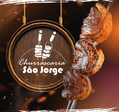Conjunto de 3 imagens para Churrascaria São Jorge. Primeira: Churrasco suculento na Churrascaria São Jorge, skewer de carne grelhada com brasas incandescentes ao fundo em ambiente acolhedor. Segunda: Feijoada brasileira em tigela de cerâmica, logo Churrascaria São Jorge ao fundo sobre mesa de madeira escura e superfície bege. Terceira: Logo da Churrascaria São Jorge com espetos de carne vermelha, fundo bege rústico ilustrado com vegetais, queijo, massas e ervas.