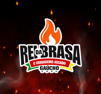 Material patrocinado de Rei da Brasa Logo REI DA BRASA com chama estilizada e fundo escuro de brasas e faíscas alaranjadas, destacando o slogan “O verdadeiro assado gaúcho 2024”.