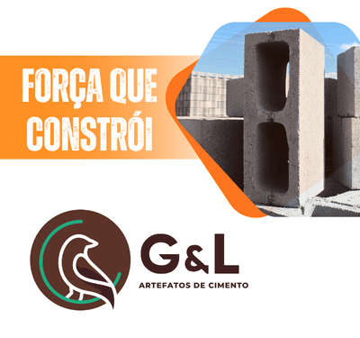 Conjunto de 3 imagens para G&L Artefatos de Cimento. Primeira: Blocos de concreto empilhados com banner laranja escrito Força que Constrói e logo G&L Artefatos de Cimento sobre fundo industrial. Segunda: Logo G&L Artefatos de Cimento em fundo de blocos cinza, com barras diagonais amarelas e pretas industriais. Terceira: Logo G&L Artefatos de Cimento com pássaro estilizado, blocos de concreto variados sobre fundo cinza com linhas laranja e brancas.
